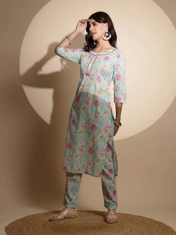 Blue Embroidery Print Kurta Set