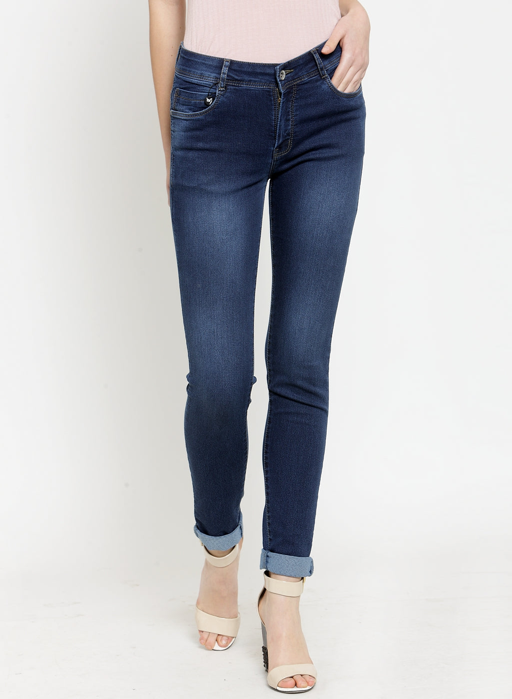 Women Dark Blue V-shape Waist Denim Bootcut Jegging