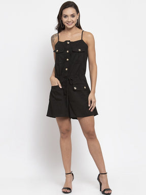 Women Black Playsuit With Pockets