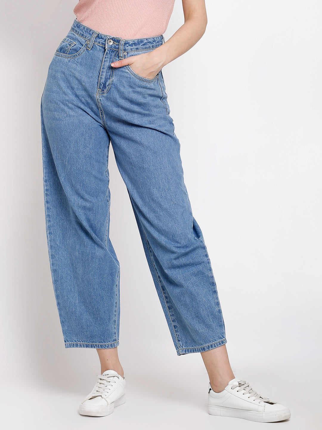 Women Bell-Bottom Cropped Length Distressed Blue Jeans