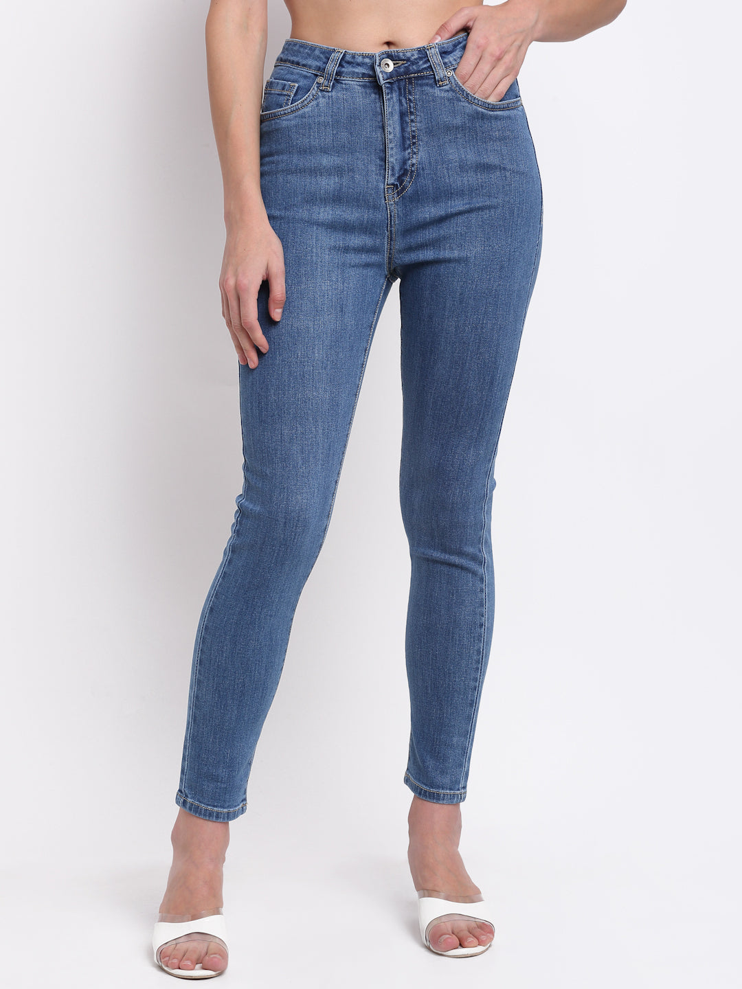 Women Double Waistband Skin Fit Blue Jeans