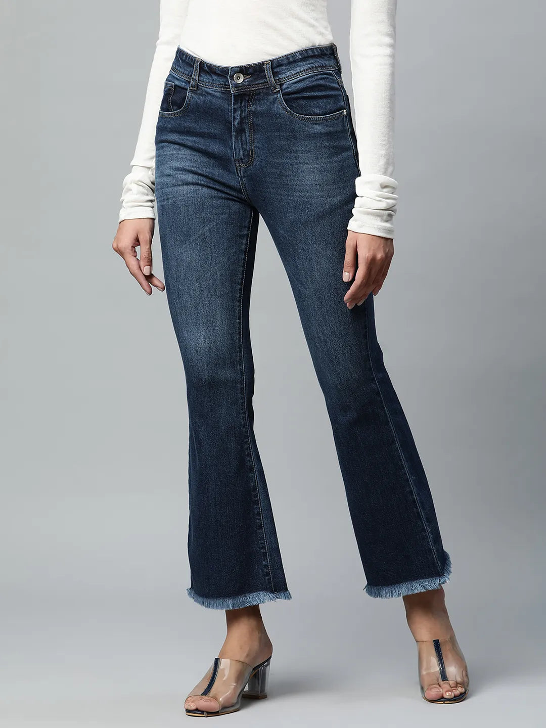 Women Bell Bottom Stretchable Dark Blue Jeans