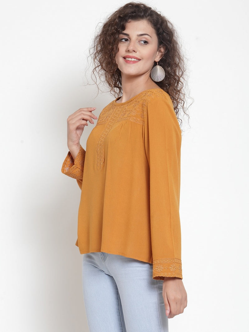 Women Mustard Chikan Embroidered Top