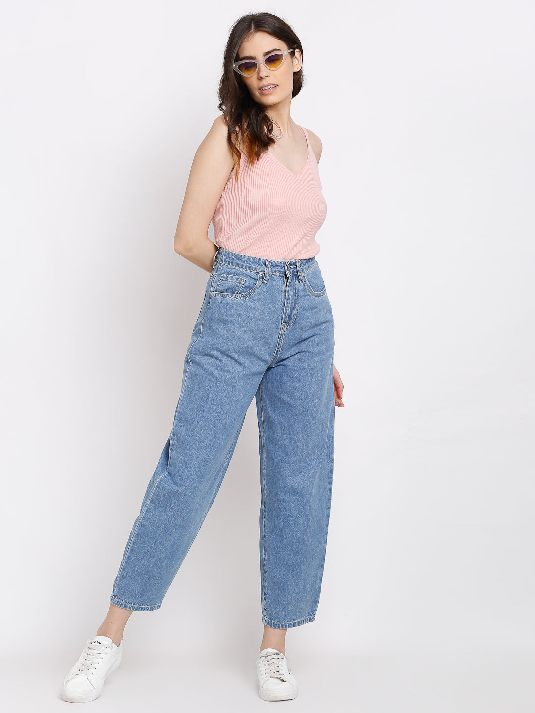 Women Bell-Bottom Cropped Length Distressed Blue Jeans