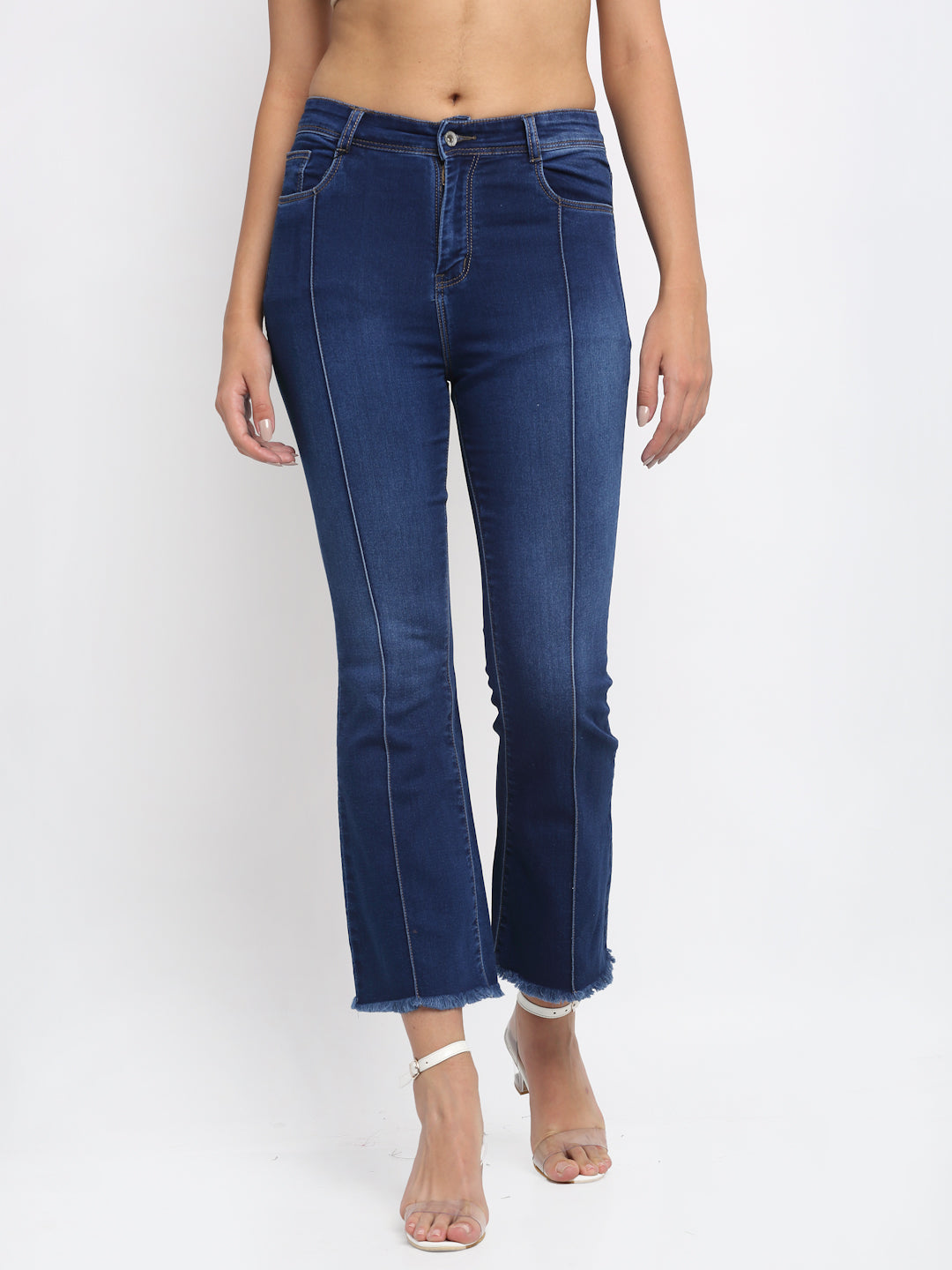 Women Bell-Bottom Cropped Length Distressed Blue Jeans