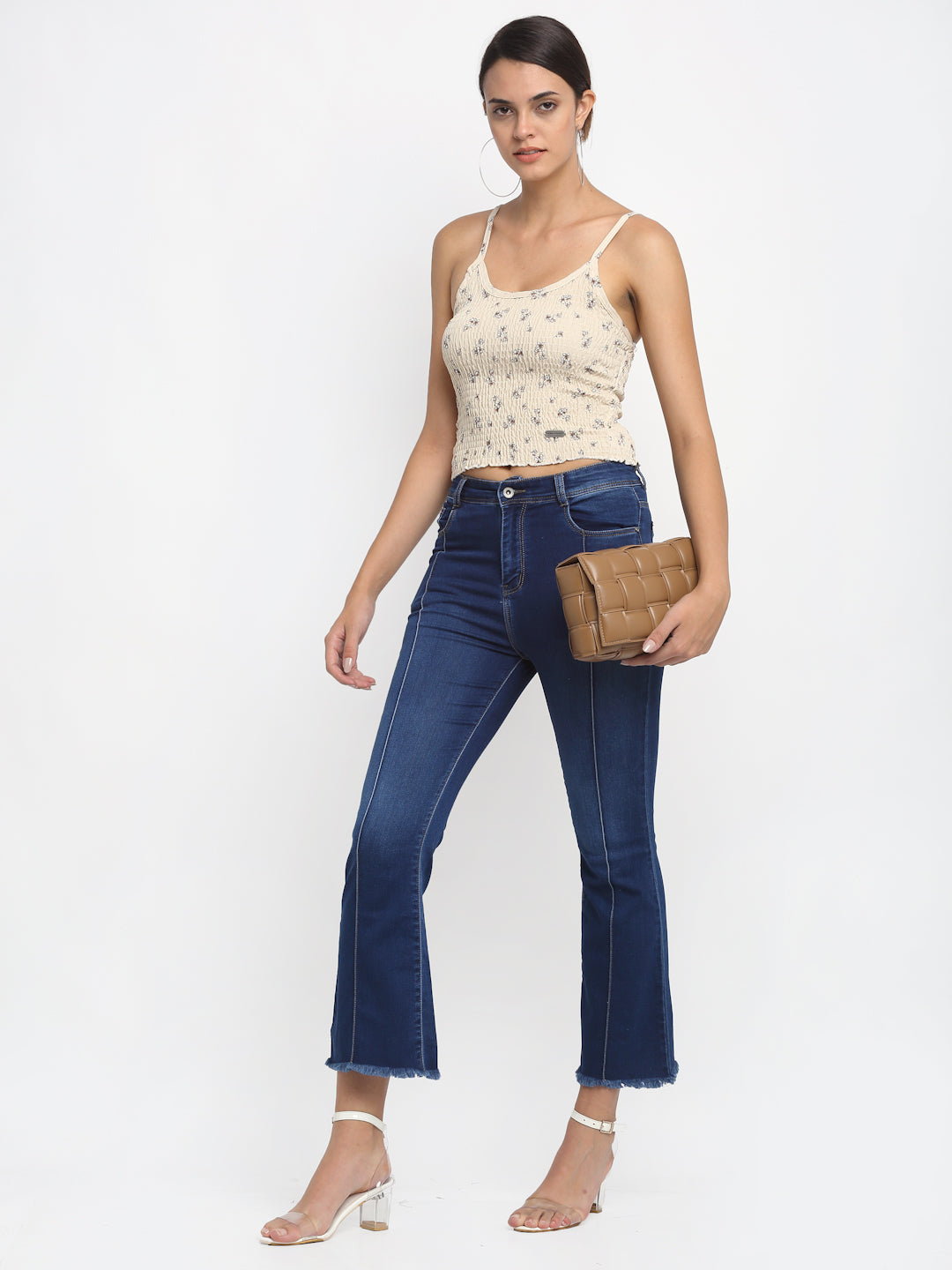 Women Bell-Bottom Cropped Length Distressed Blue Jeans