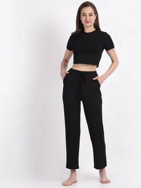 Women Cotton Solid Black Night Suit and Loungewear (Top and Lower)