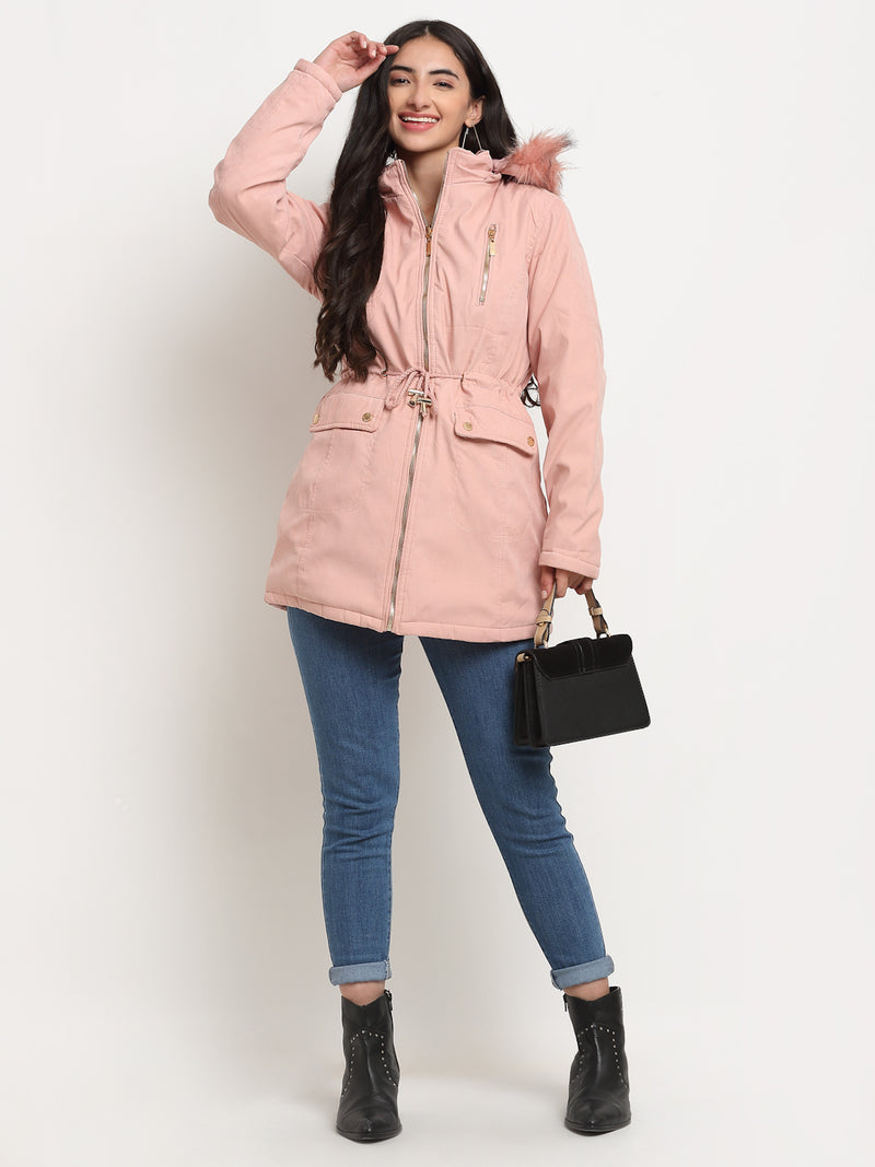 Women Pink Solid Hood Reversible Jacket