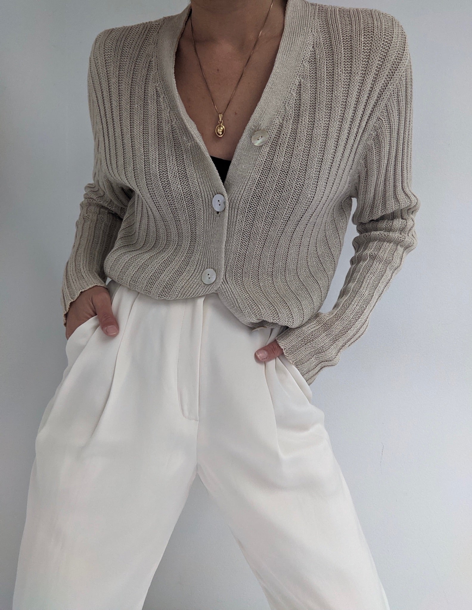 Vintage Oat Linen Ribbed Cardigan