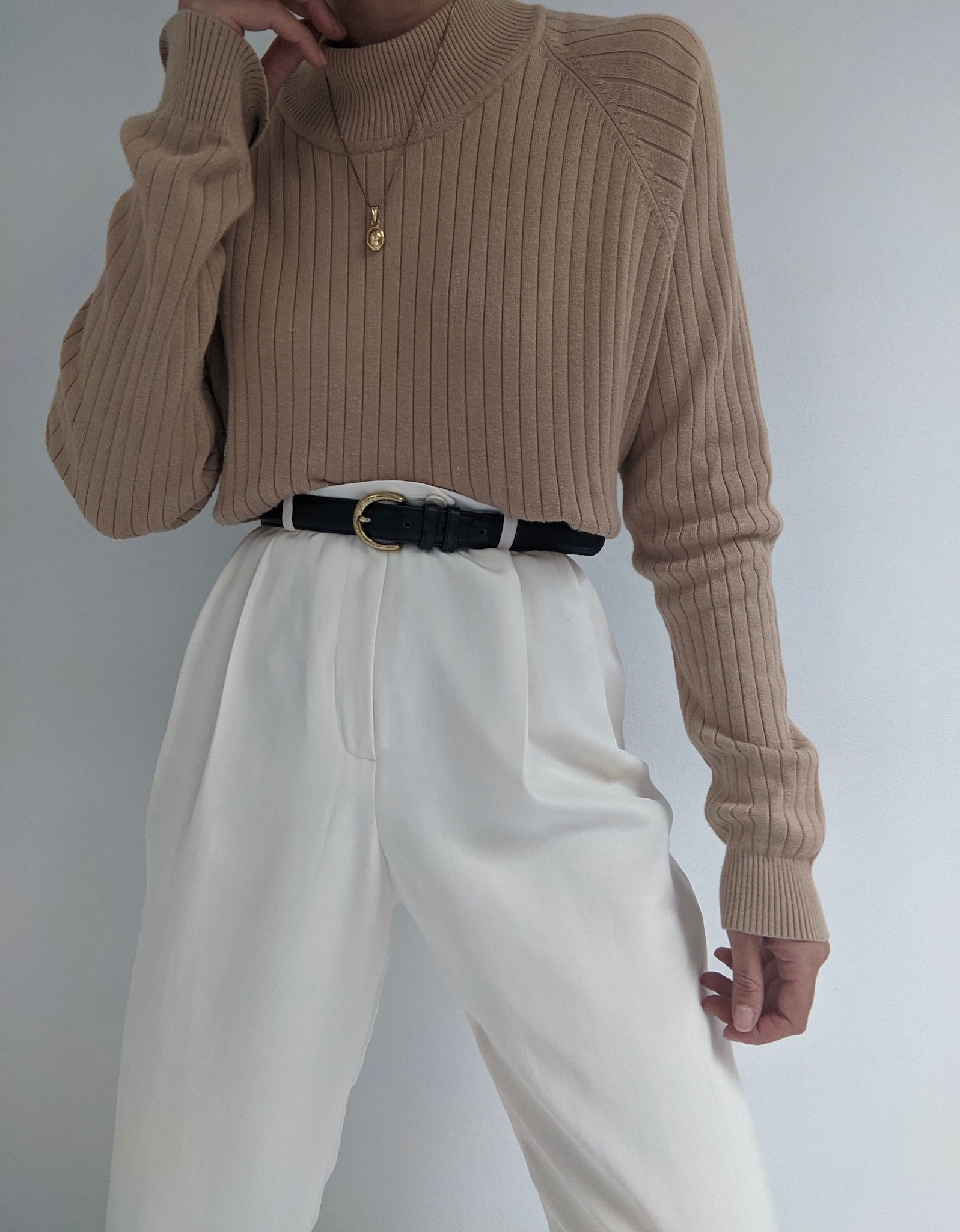 Vintage Camel Ribbed Mock Neck