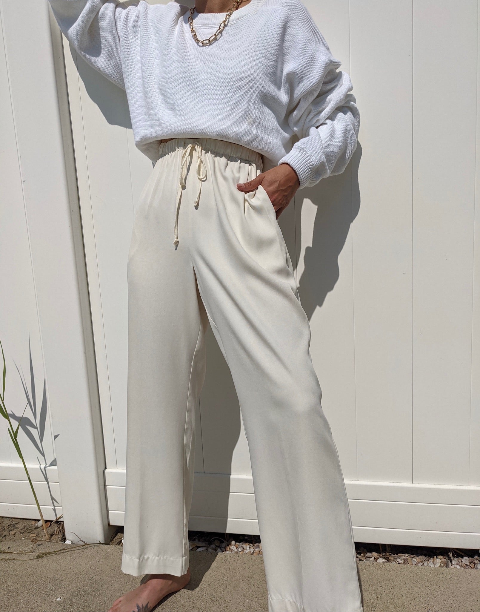 Vintage Cream Silk Drawstring Pant