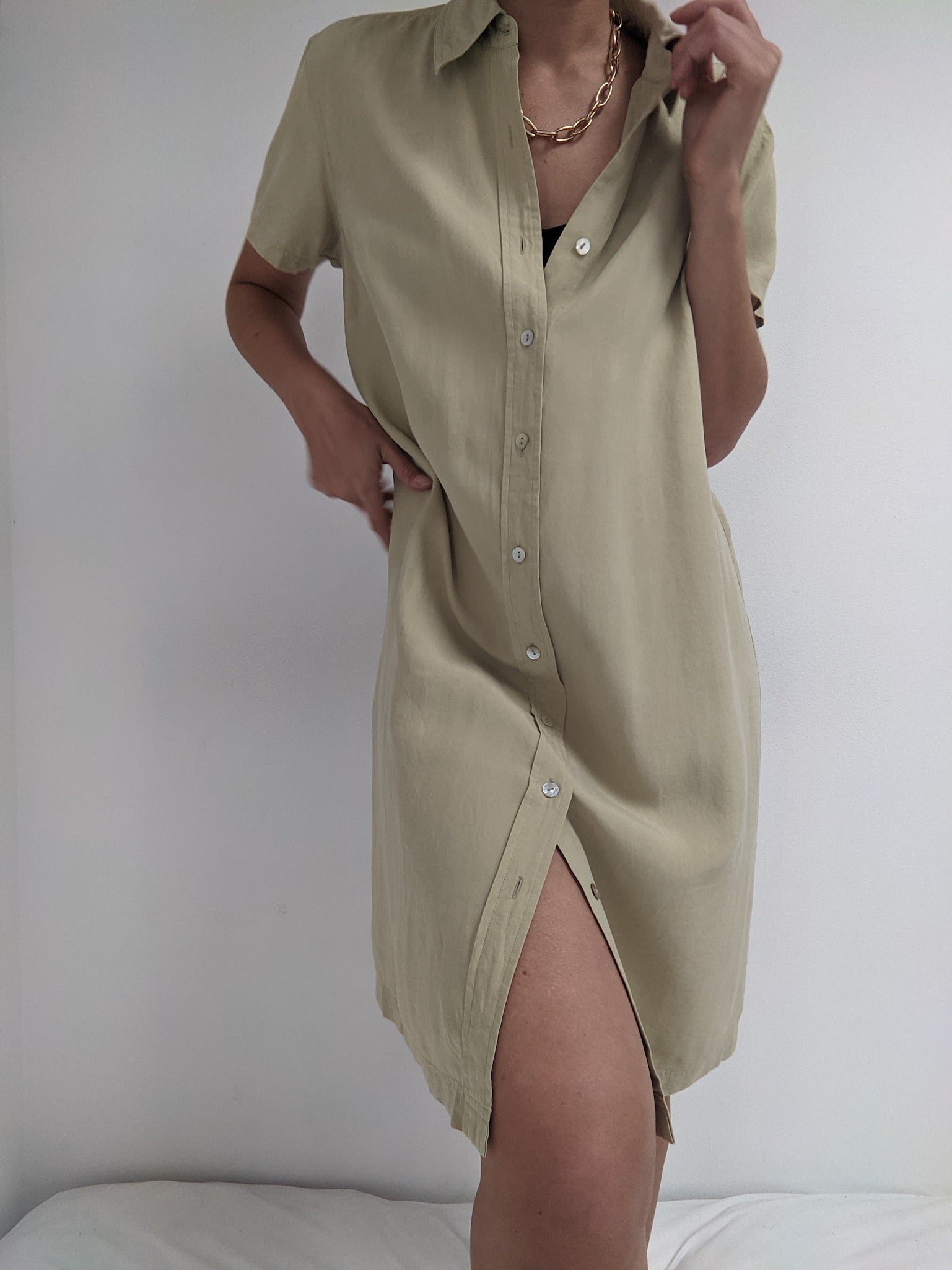 90s Sage Silk Button Up Dress