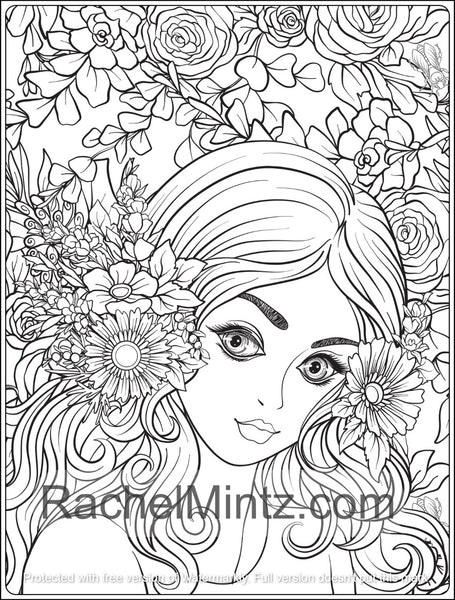 Beauty Garden - Girls Portraits & Flowers, PDF Coloring Book – Rachel ...