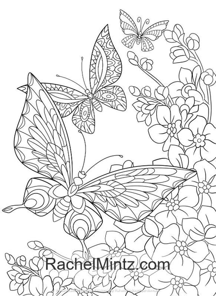 Download Rainbow Wings - Butterflies and Flowers Coloring (PDF Book) For Adults - Rachel Mintz Coloring Books
