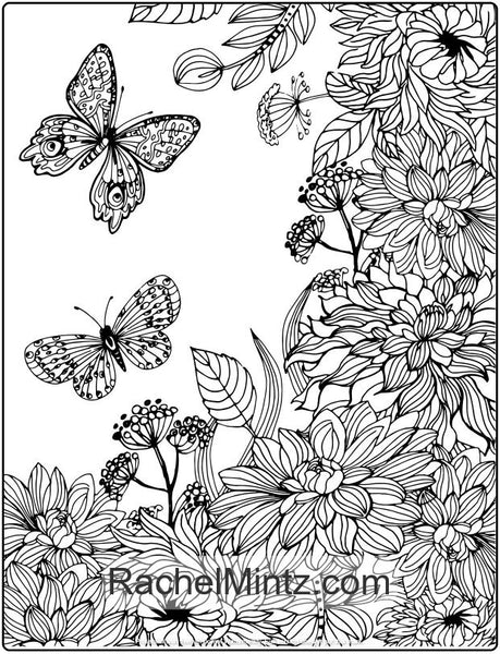 Download Rainbow Wings - Butterflies and Flowers Coloring (PDF Book) For Adults - Rachel Mintz Coloring Books