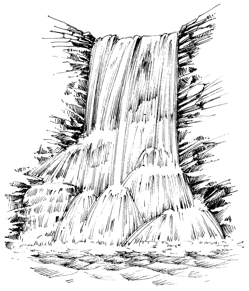 mountains and waterfall drawing