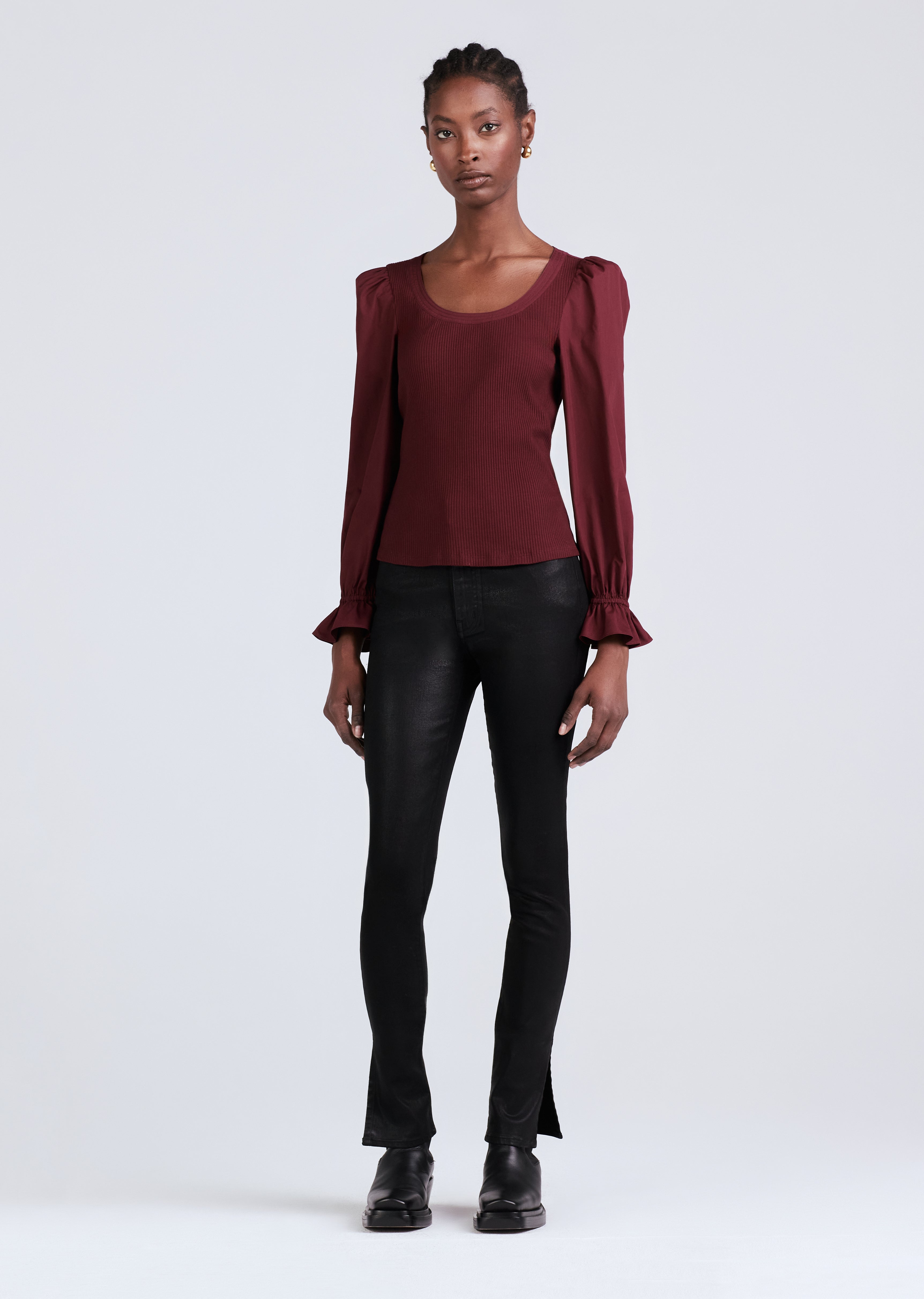 Image of Aishah Scoop Neck Long Sleeve Ribbed Top - Burgundy