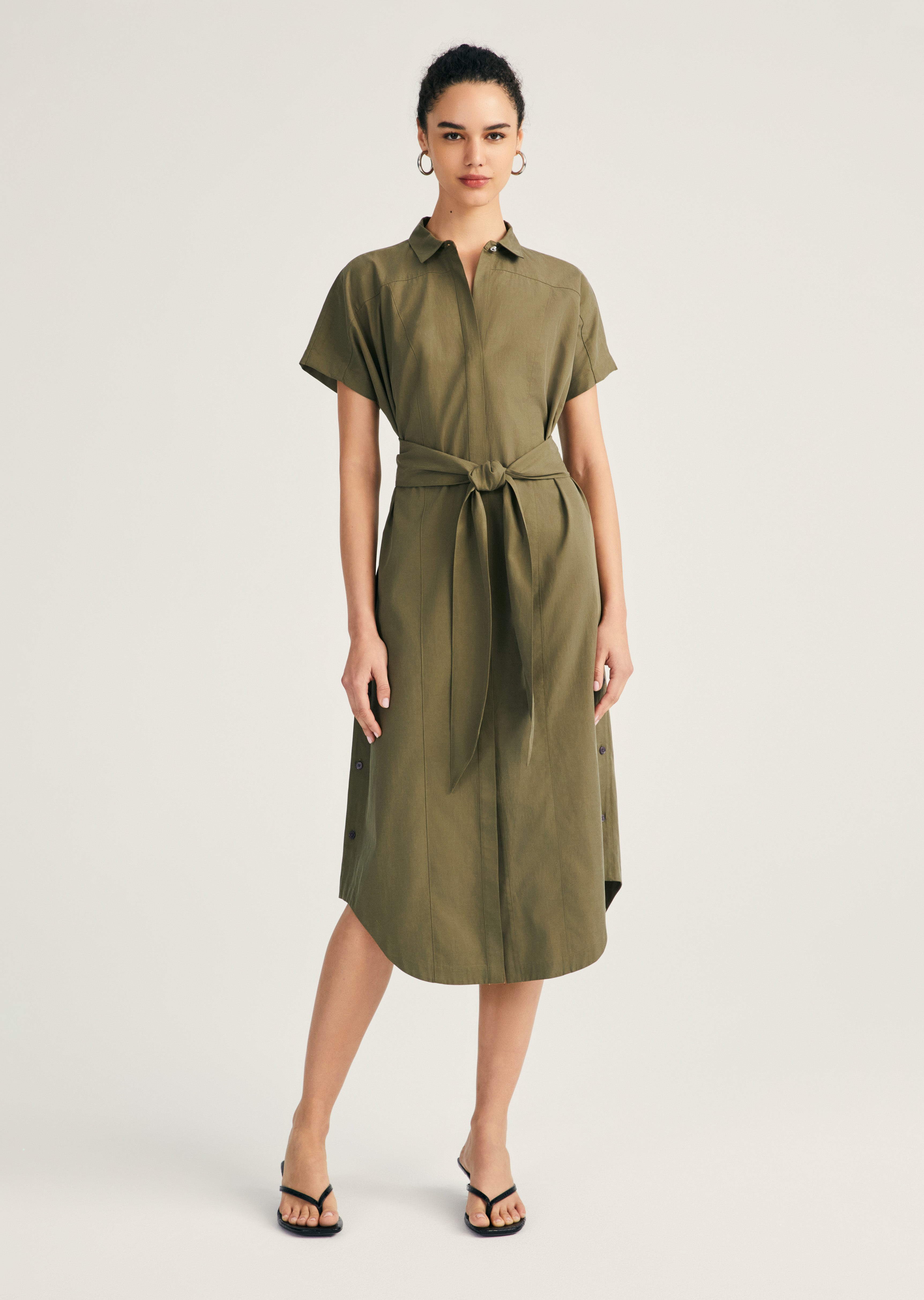 Derek Lam Mikala Short Sleeve Belted Shirt Dress In Green