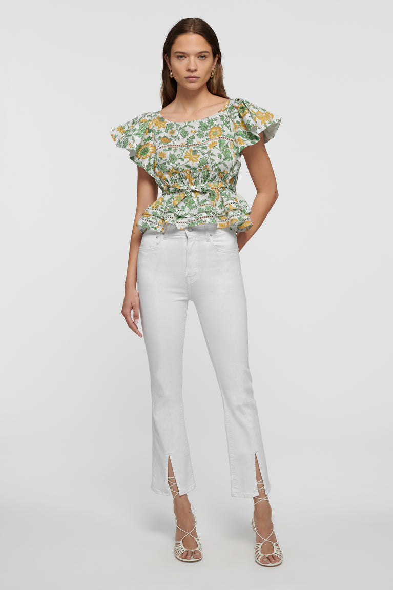 Mira Front Slit Crop Flare Jeans - White
