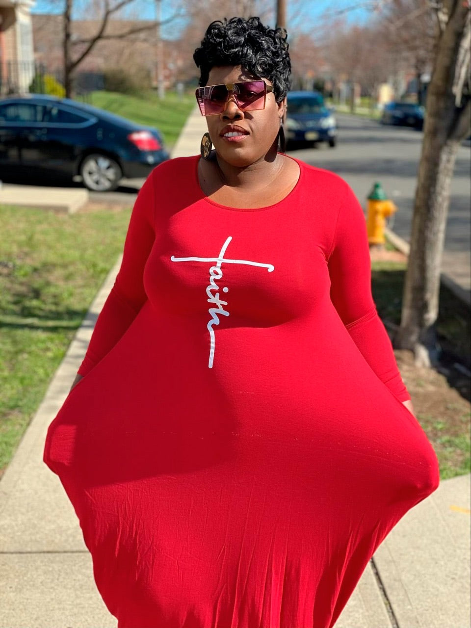 Red Faith Long Sleeve Oversized-Plus Size Maxi (no bag) – Glamorous
