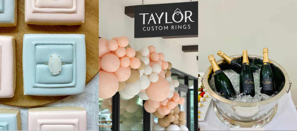 Collage of balloons, champagne, and ring-shaped sugar cookies