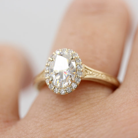 Sabrina Diamond Ring with Diamond Halo and Gold Band on Hand