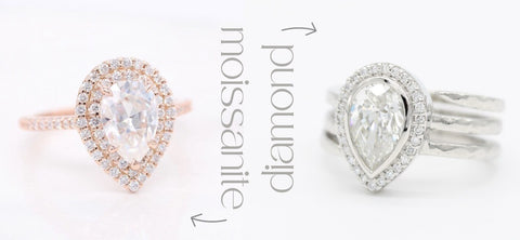 two rings showing the difference between moissanite and diamonds