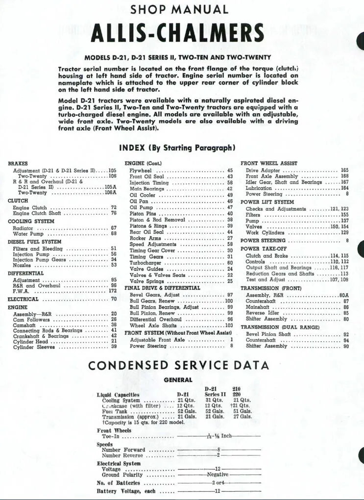 Allis Chalmers D21, D-21 SERIES II, 210 & 220 Tractor Service Repair Manual - PDF File Download