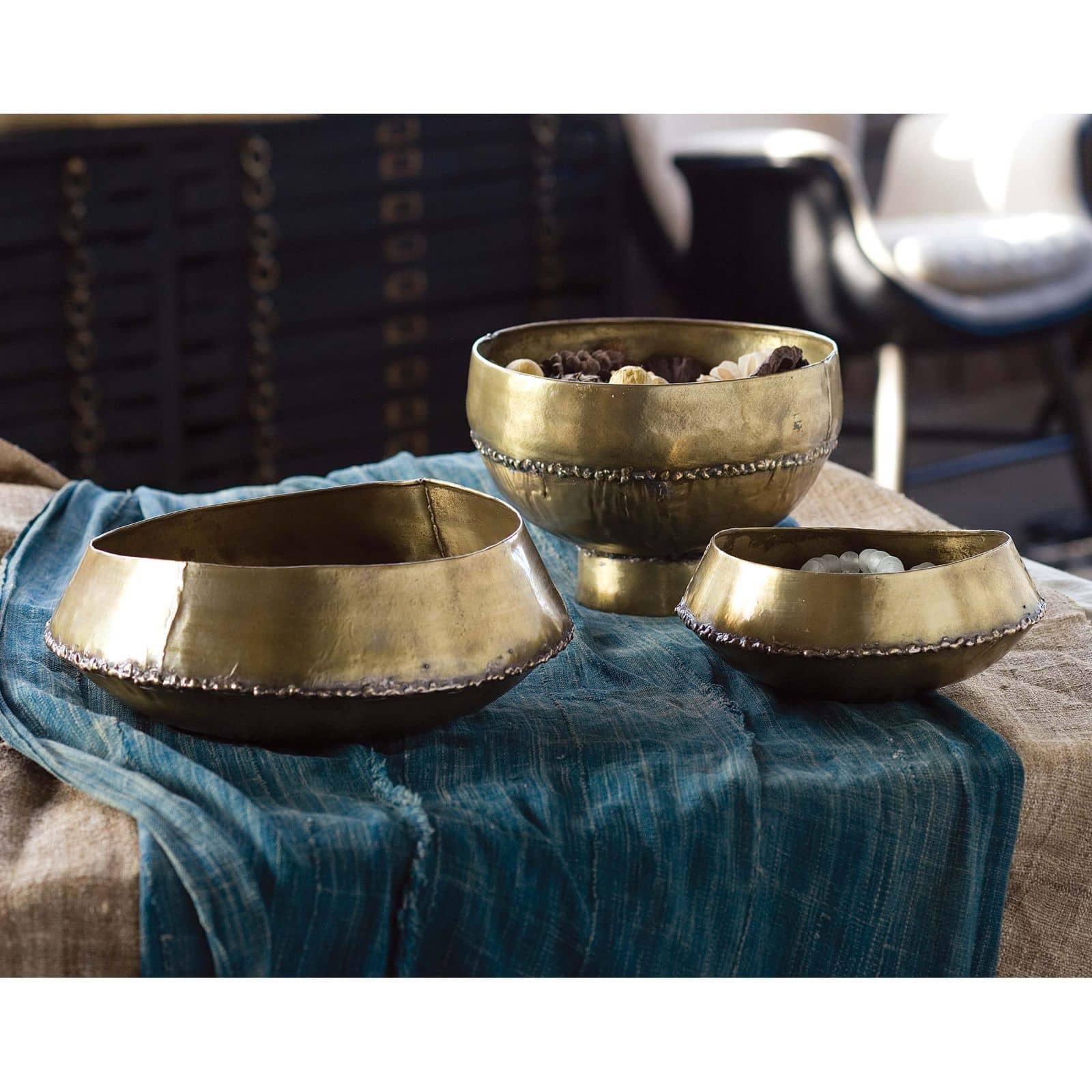 Tomar Antique Brass 3 Piece Ribbed Taper Candle Holder Set