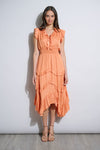 V-neck Polyester Smocked Flutter Sleeves Elasticized Waistline Midi Dress With Ruffles