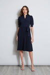 Crepe Puff Sleeves Sleeves Pleated Ruched Midi Dress With a Sash