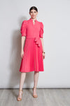 Pleated Ruched Crepe Puff Sleeves Sleeves Midi Dress With a Sash
