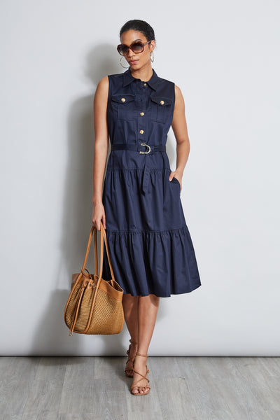 Belted Tiered Pocketed Sleeveless Midi Dress With a Sash
