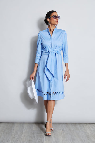 3/4 Sleeves Wrap Embroidered Midi Dress With a Sash