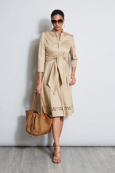 Embroidered Wrap 3/4 Sleeves Midi Dress With a Sash