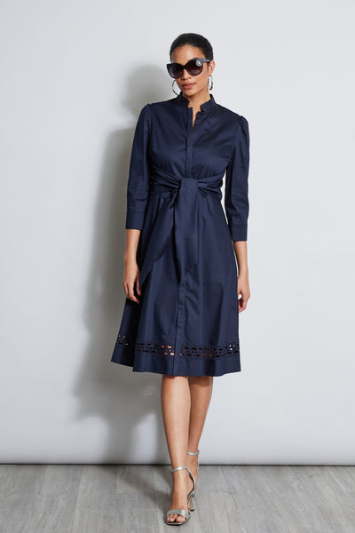 Embroidered Wrap 3/4 Sleeves Midi Dress With a Sash