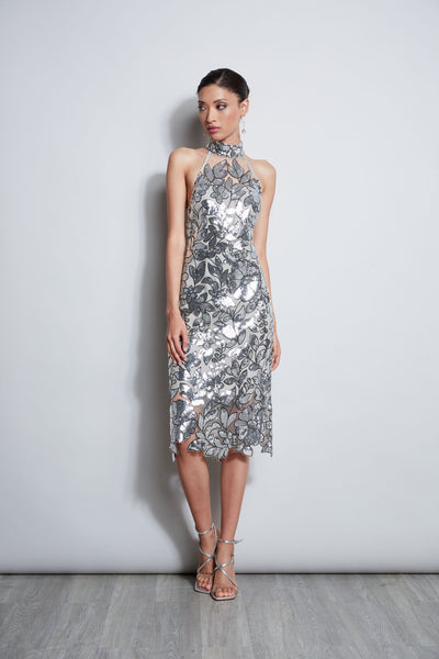 Sequined Mesh Cocktail Halter Floral Print Party Dress/Midi Dress