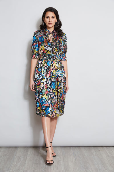 Short Sleeves Sleeves Smocked Floral Paisley Print Dress