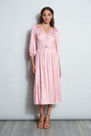 V-neck Pleated Long Sleeves Smocked Midi Dress