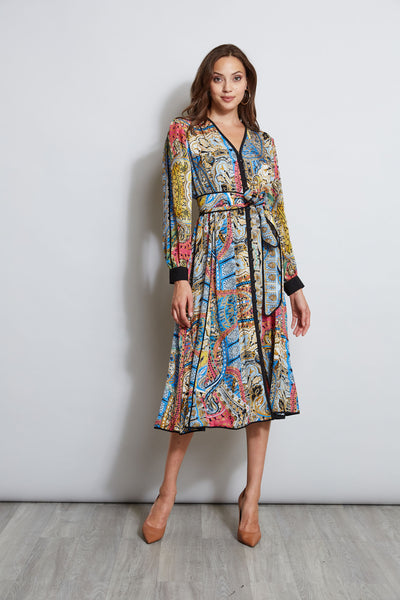 V-neck Belted Long Sleeves Georgette Contrast Trim Paisley Print Midi Dress With a Sash