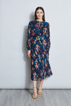 Sexy Floral Print Belted Pleated Viscose Long Sleeves Midi Dress