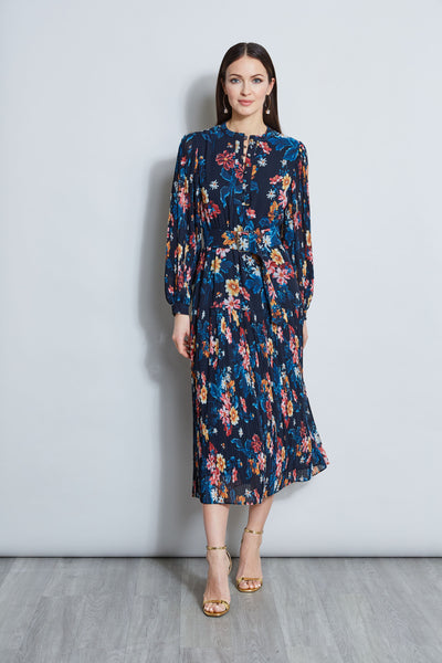 Sexy Belted Pleated Viscose Long Sleeves Floral Print Midi Dress