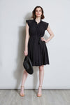 Belted Accordion Pleated Collared Elasticized Waistline Shirt Dress With a Sash