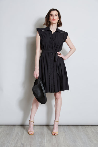 Collared Elasticized Waistline Pleated Accordion Belted Shirt Dress With a Sash