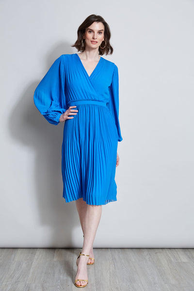 Pleated Faux Wrap Fitted Polyester Long Sleeves Dress