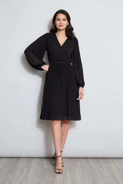 Fitted Pleated Faux Wrap Polyester Long Sleeves Dress