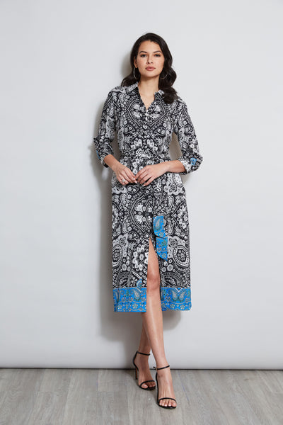 Sophisticated Collared Floral Paisley Print Shirt Midi Dress With a Sash