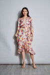 Sophisticated Embroidered Wrap Long Sleeves Floral Print Dress