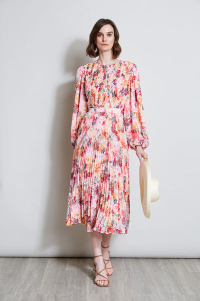 Sexy Viscose Pleated Long Sleeves Floral Print Midi Dress