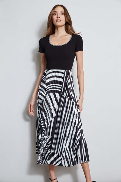 Geometric Print Pleated Ribbed Midi Dress